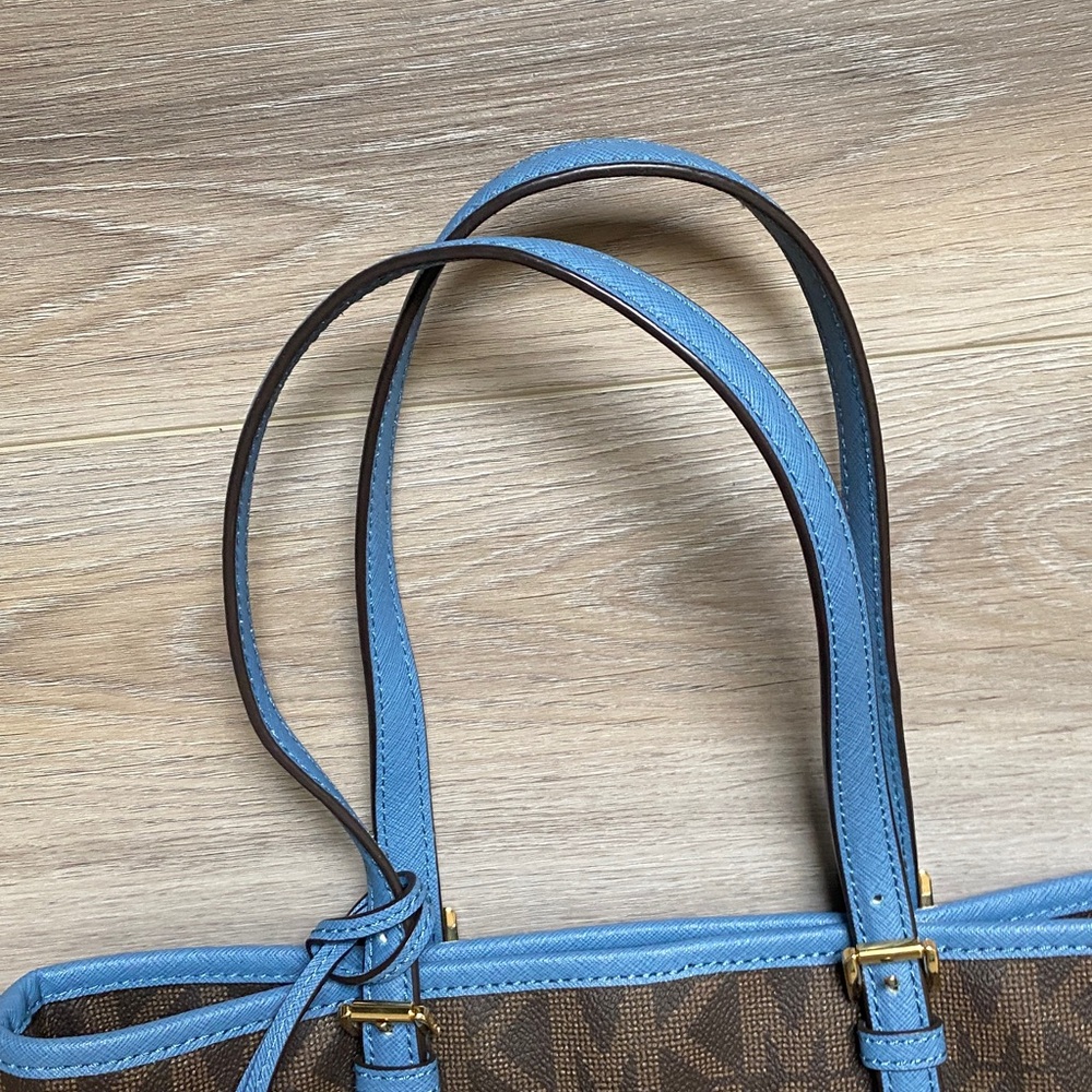 Michael Kors Brown Tote with Blue Trim and Gold Charm - Picture 7 of 8